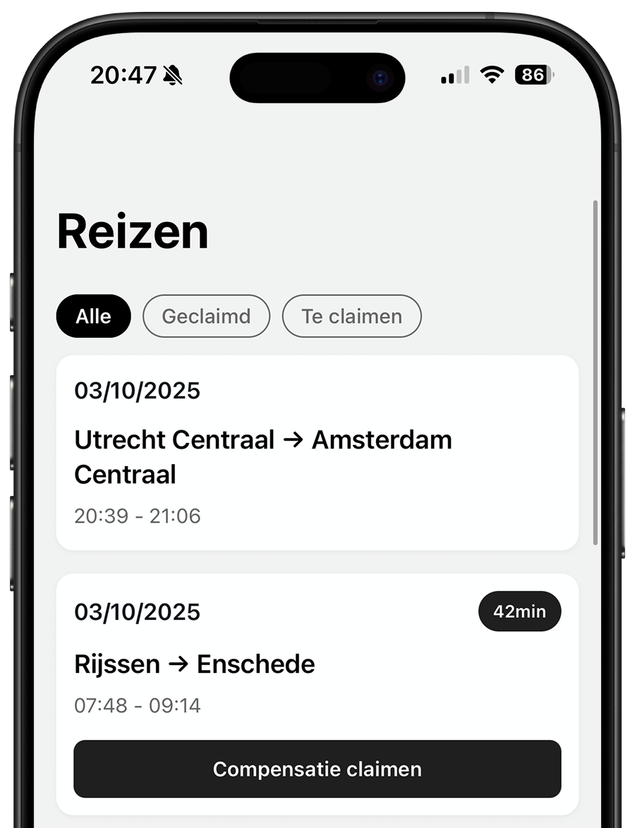 Treinmaat app screenshot met vertragingsoverzicht