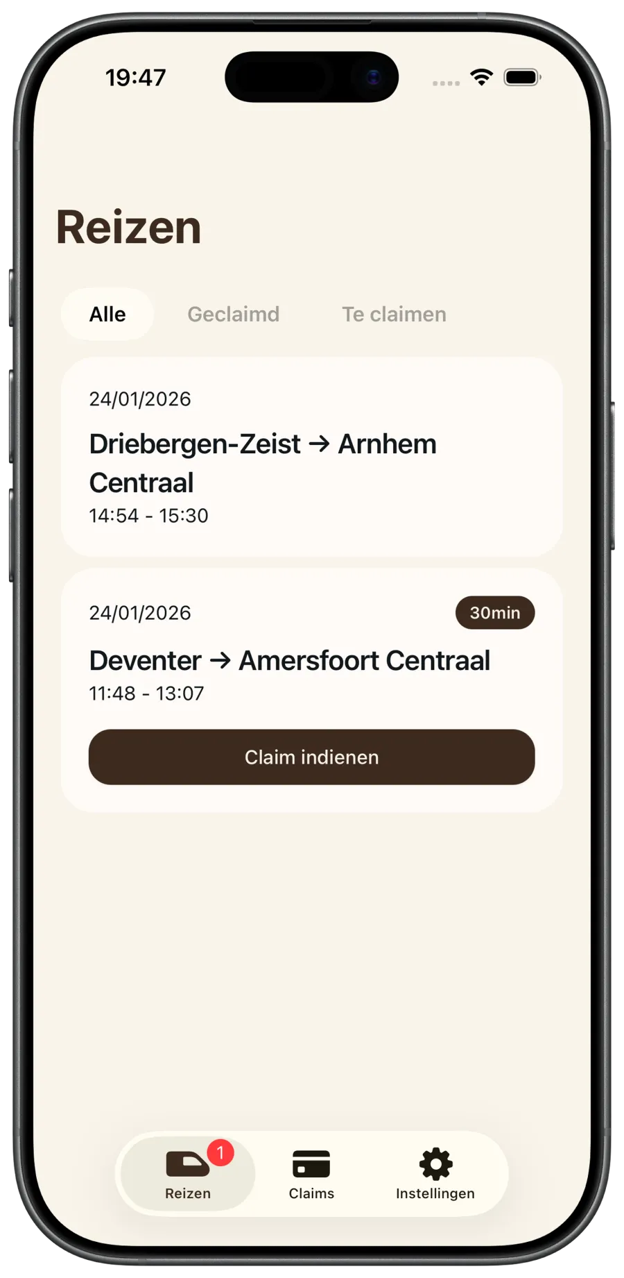 Treinmaat app op het Reizen scherm met een vertraagde reis Deventer – Amersfoort en een 'Claim indienen' knop.